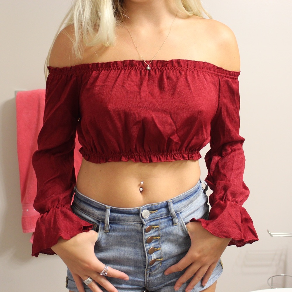Maroon off the shoulder tie back crop top